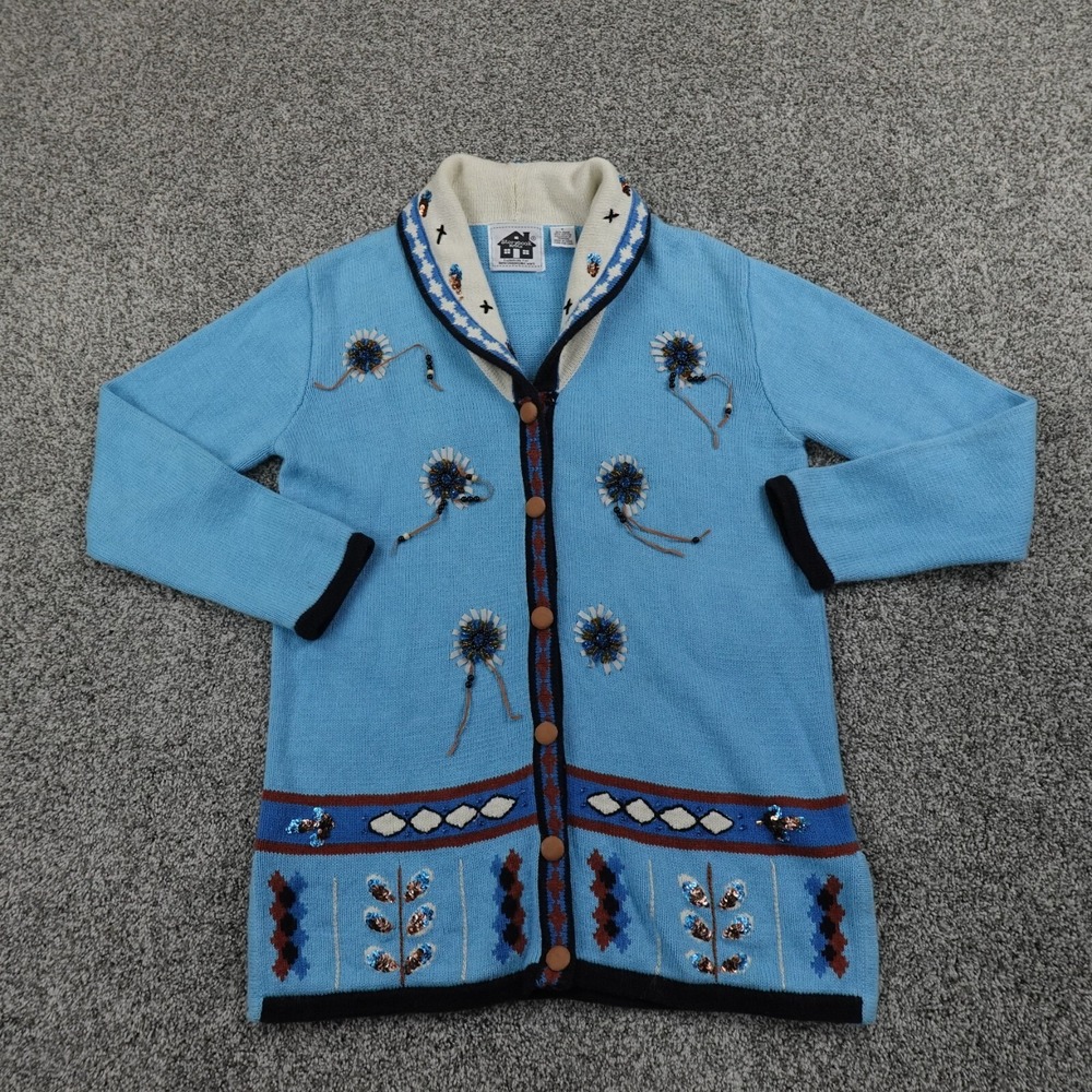 VINTAGE Storybook Knits Sweater Womens Small Blue Indian Native Navajo Cardigan
